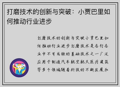 打磨技术的创新与突破：小贾巴里如何推动行业进步