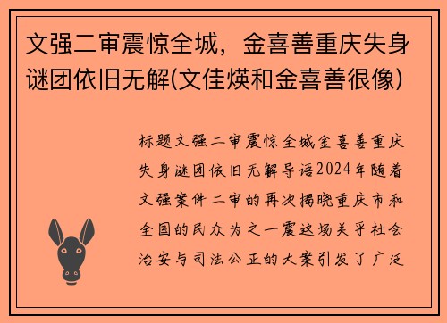 文强二审震惊全城，金喜善重庆失身谜团依旧无解(文佳煐和金喜善很像)