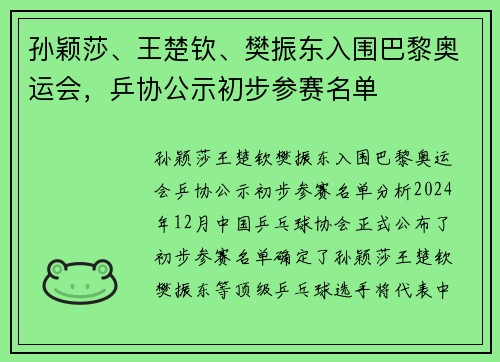 孙颖莎、王楚钦、樊振东入围巴黎奥运会，乒协公示初步参赛名单